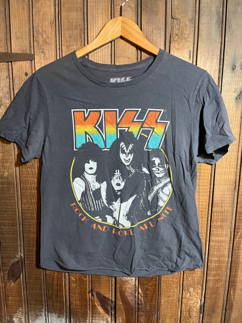 Kiss Cropped Tee with Rainbow Gradient Logo and Band Photo